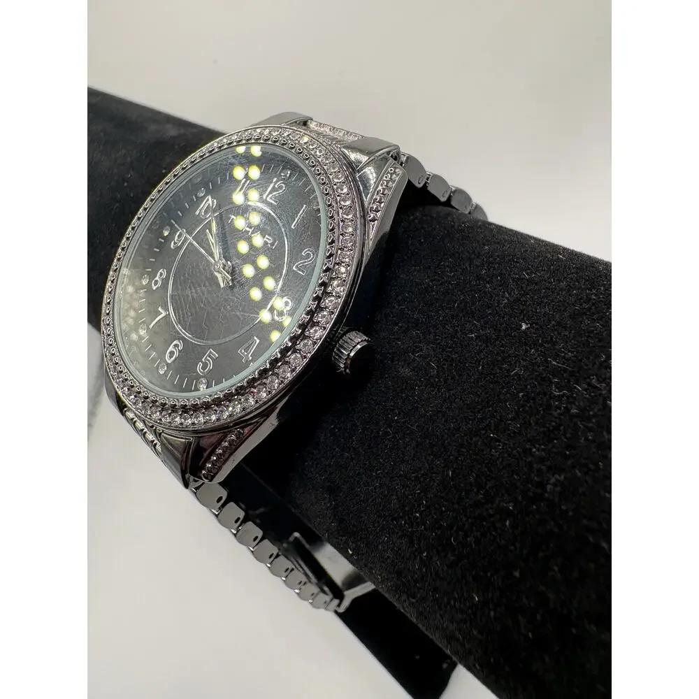 Tahari Crystal Bezel Black Dial Silver Watch